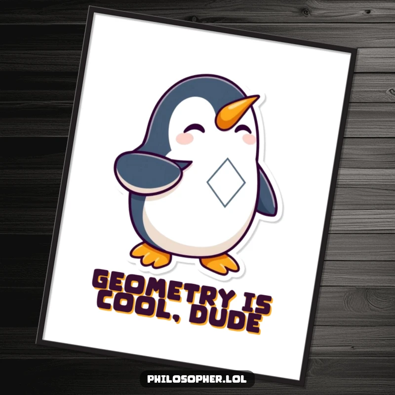 Funny Free Printable Wall Art: A curious penguin pointing at a complex geometric shape, humorous downloadable art for thinkers.