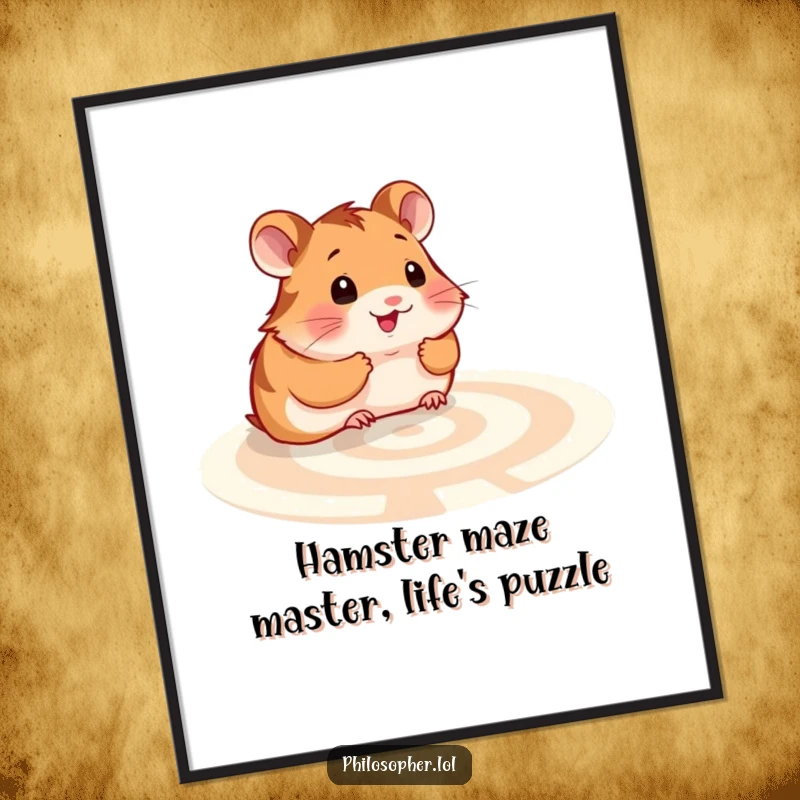 Funny Free Printable Wall Art of a smiling hamster contemplating a complex labyrinth, printable decor for thinkers, downloadable art.