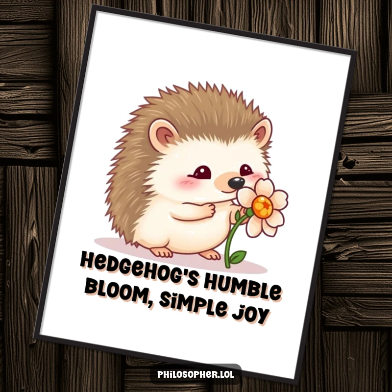 Funny Free Printable Wall Art of a wobbly hedgehog examining a single perfect flower, charming downloadable decor for any room.