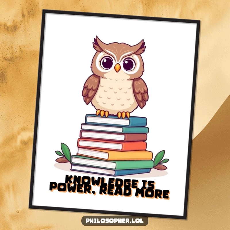 Funny Free Printable Owl Wall Art showing a proud owl on a stack of books, perfect downloadable art.