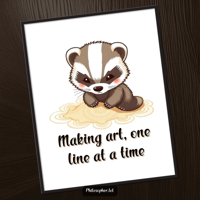 Funny Free Printable Wall Art of a charming badger meticulously sketching intricate, beautiful patterns in the sand.
