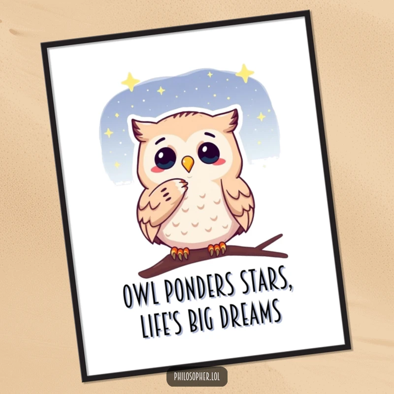 Funny Free Printable Wall Art: A thoughtful owl strokes its chin, gazing at a vast, starry sky.