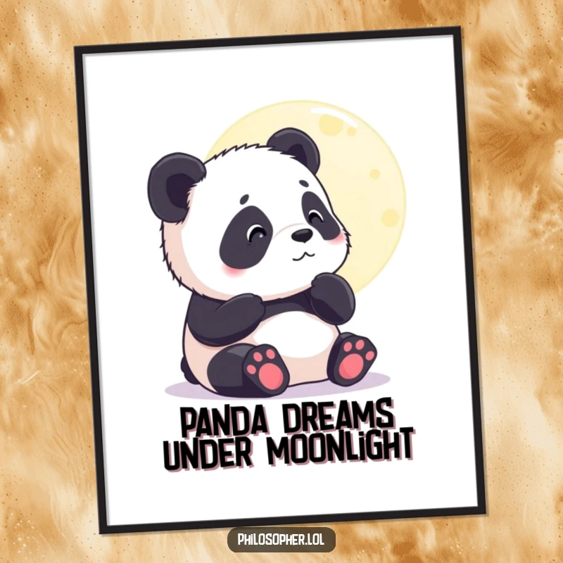 Funny Free Printable Wall Art: Contented panda cub looking thoughtful while gazing at the moon, a dreamy and humorous downloadable piece.