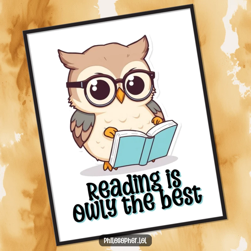 Funny Free Printable Wall Art: Small owl wearing spectacles ponders a book, humorous downloadable decor.