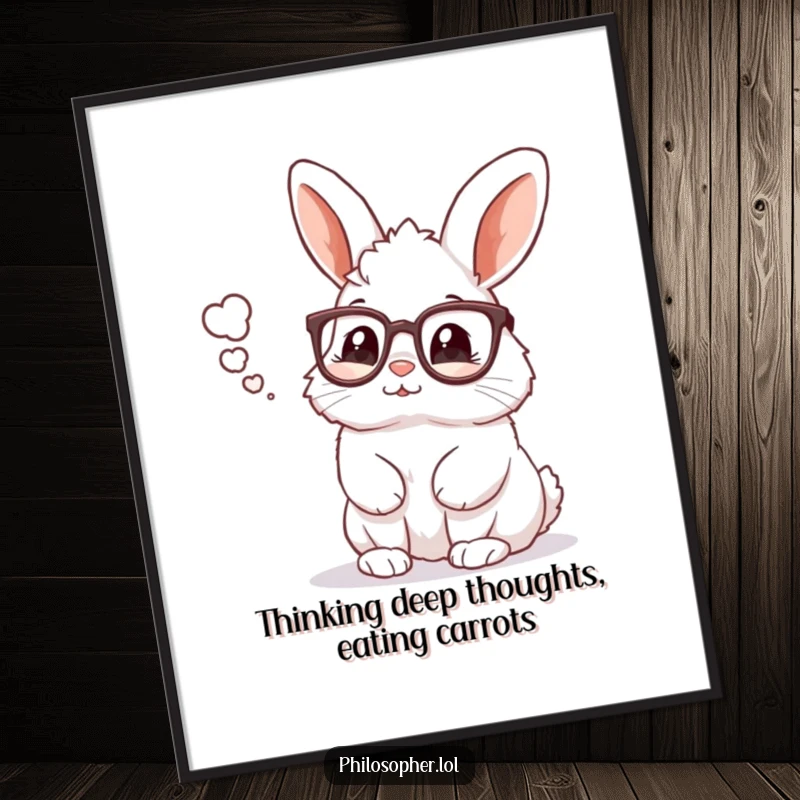 Funny Free Printable Wall Art: A rabbit wearing reading glasses, lost in thought with a bubble. Quirky decor.