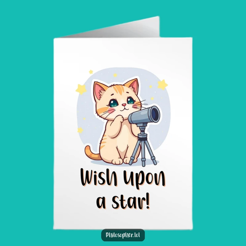 Free Printable Birthday Card: Curious Cat's Starry Wish - Funny Downloadable Gift