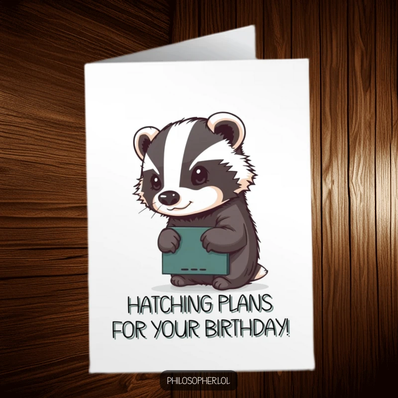 Funny Free Printable Birthday Card: A determined badger focused on sketching a masterpiece on a tiny chalkboard for a birthday.