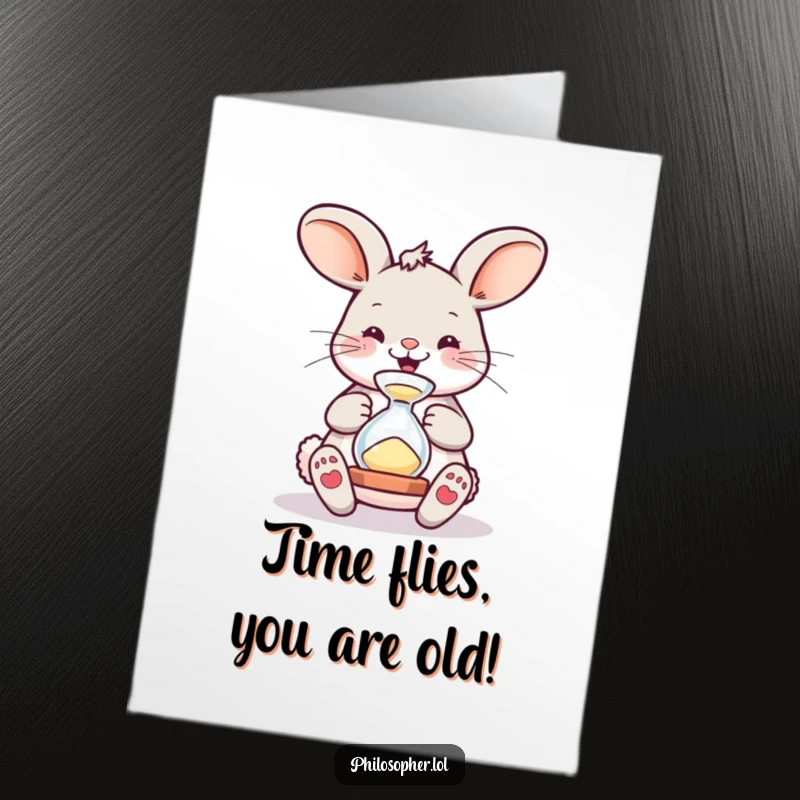 Funny free printable birthday card: A surprised bunny watches sand slip through an hourglass, realizing birthday time is running out.