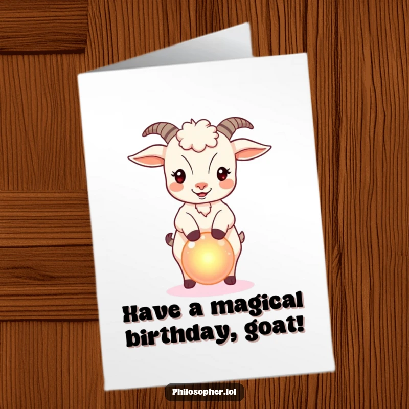 Funny Free Printable Birthday Card: A bouncy goat skillfully balancing a small, brightly glowing orb.