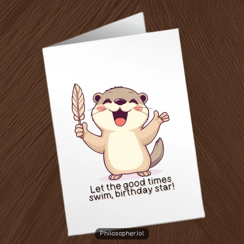 Funny Free Printable Birthday Card: Cheerful otter excitedly gesturing with a large feather quill, mid-writing.