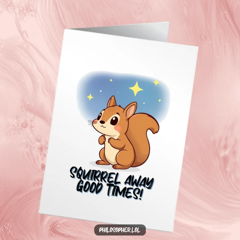 Funny Free Printable Birthday Card: A determined squirrel gazing intently at a vast, starry night sky, dreaming big.