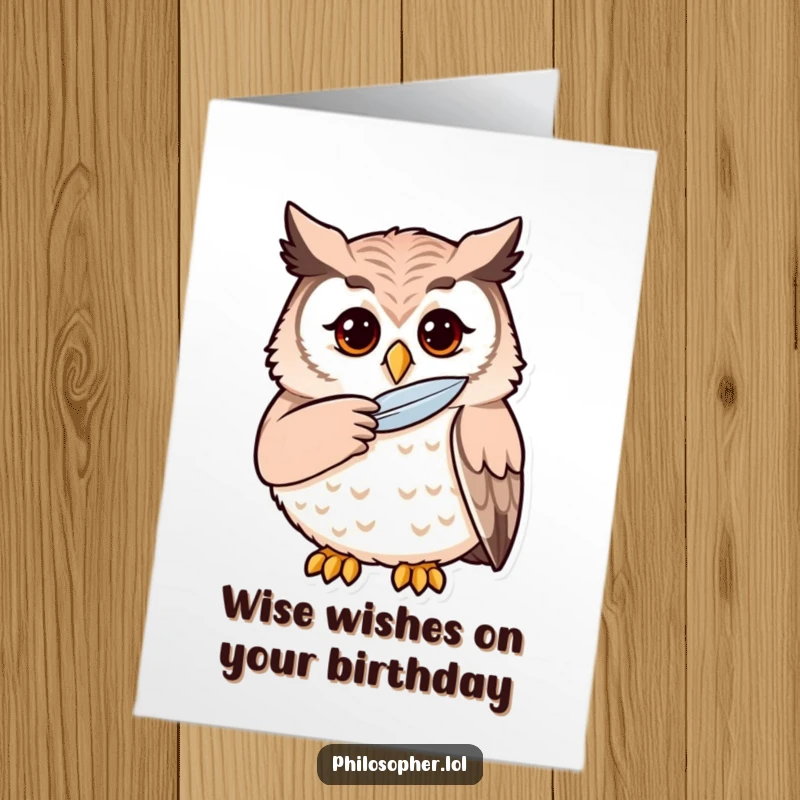 Funny Free Printable Happy Birthday card: A wise owl stroking its chin with a feather, contemplating birthday wishes.