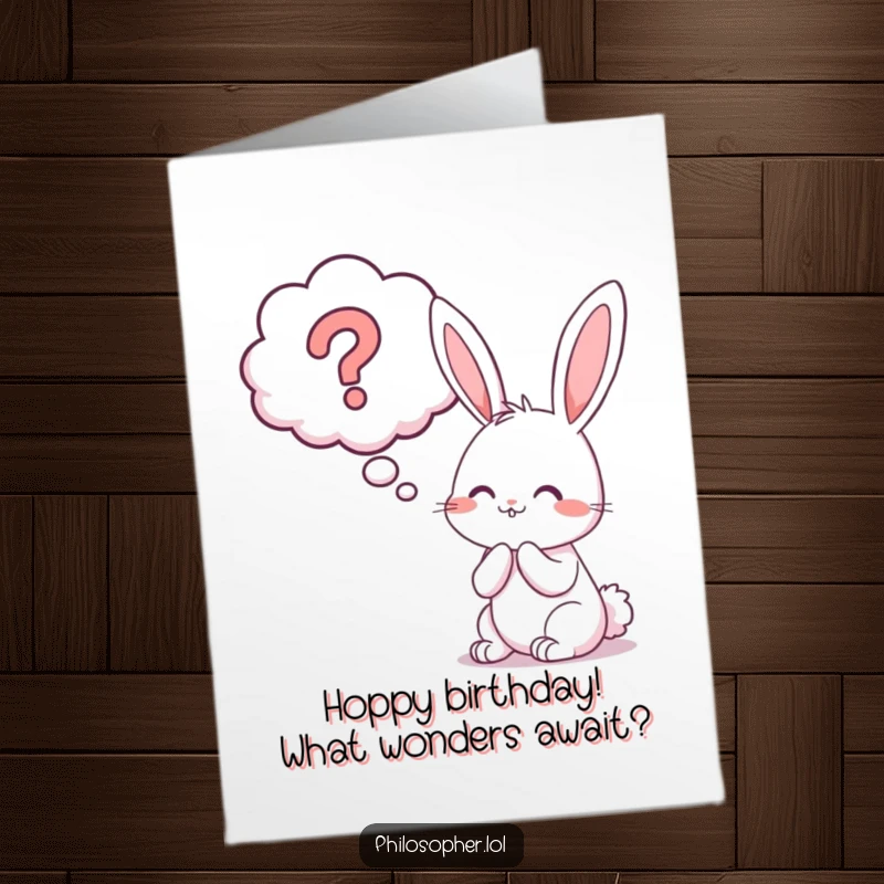 Funny free printable birthday card featuring a cheerful bunny contemplating a large thought bubble with a question mark. A whimsical card.