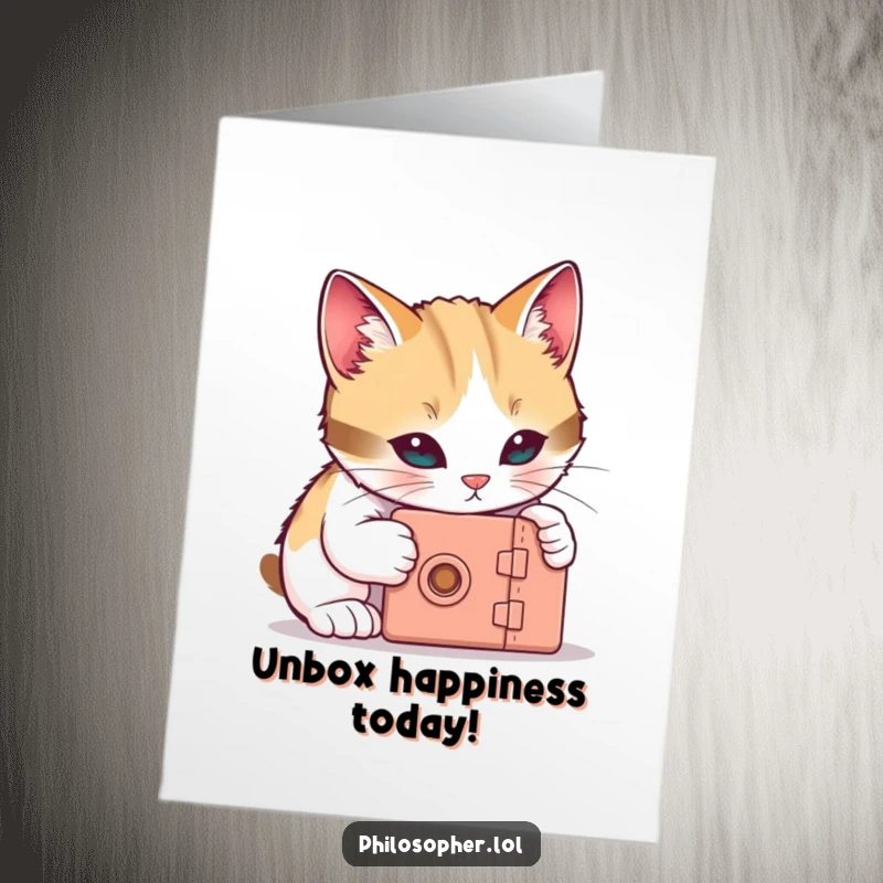 Funny Free Printable Cat Birthday Card: A curious cat attempts to unlock a tiny box, bringing playful birthday wishes.