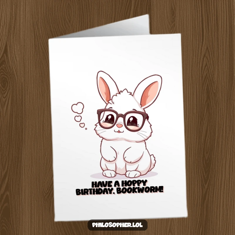 Funny Free Printable Birthday Card: Rabbit with glasses pondering a thought bubble, wishing happy birthday intelligently. Instant download.