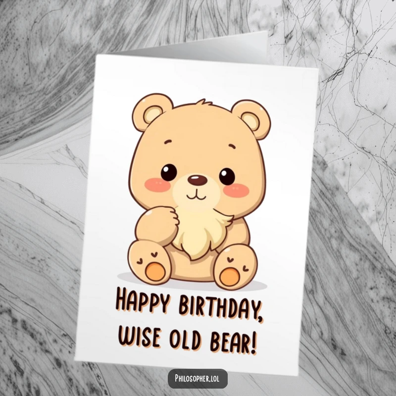 Funny Free Printable Birthday Card: Happy bear stroking his beard in deep thought, sending birthday wishes. Instant download.