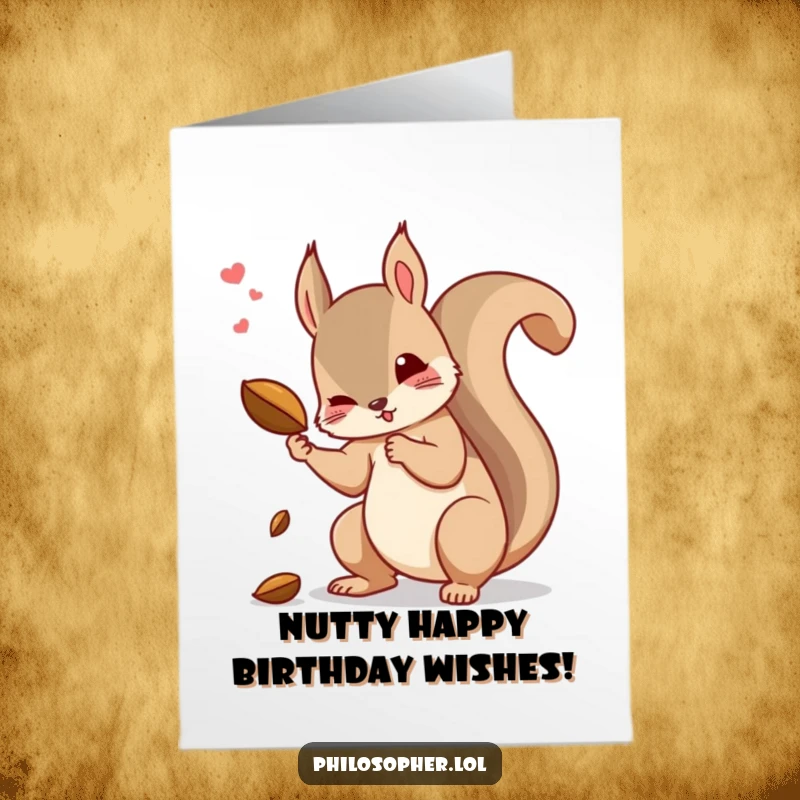 Funny Free Printable Birthday Card depicting a squirrel dramatically dropping a nut, contemplating the meaning of it all.
