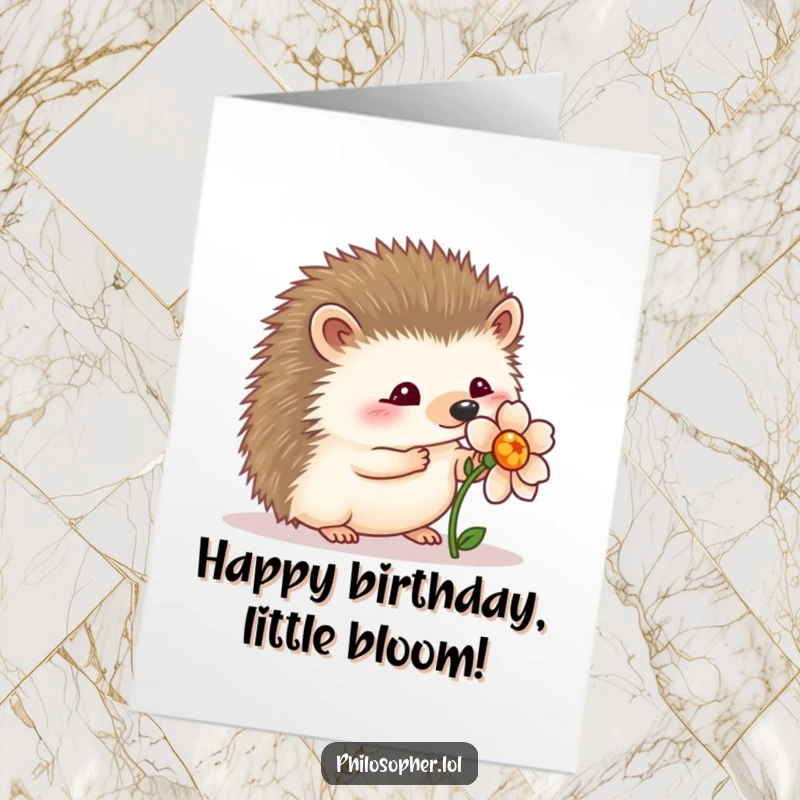 Funny Free Printable Birthday Card showing a wobbly hedgehog carefully examining a perfect flower, a sweet and gentle birthday wish.