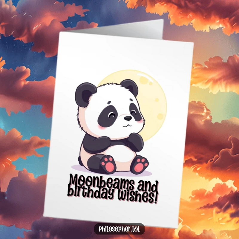 Funny Free Printable Birthday Card: Contented panda cub gazing thoughtfully at the moon, a dreamy and humorous DIY greeting.