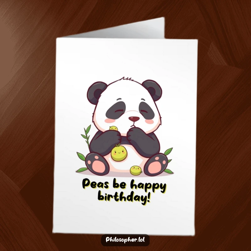 Funny free printable birthday card of a panda intensely studying a single pea with utmost concentration.