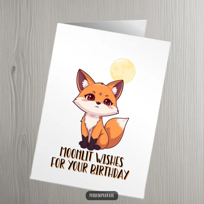 Funny Free Printable Birthday Card of a determined fox gazing thoughtfully at the moon, contemplating life's wonders.
