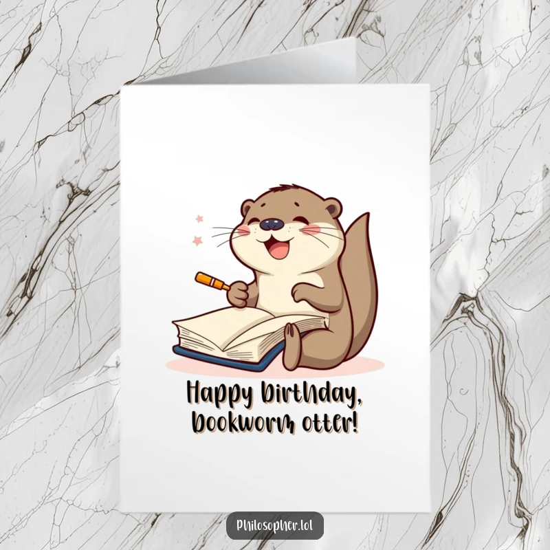 Funny Free Printable Birthday Card: A joyful otter furiously scribbling notes in a large book, celebrating with energy.