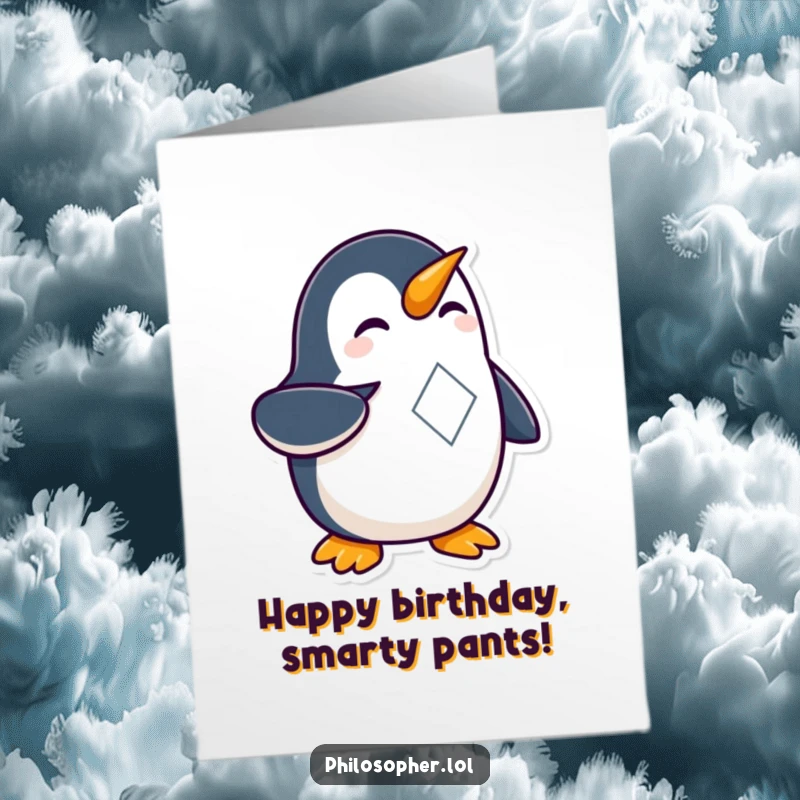 Funny Free Printable Birthday Card: Curious penguin pointing at a complex shape, a smart and humorous downloadable birthday greeting.