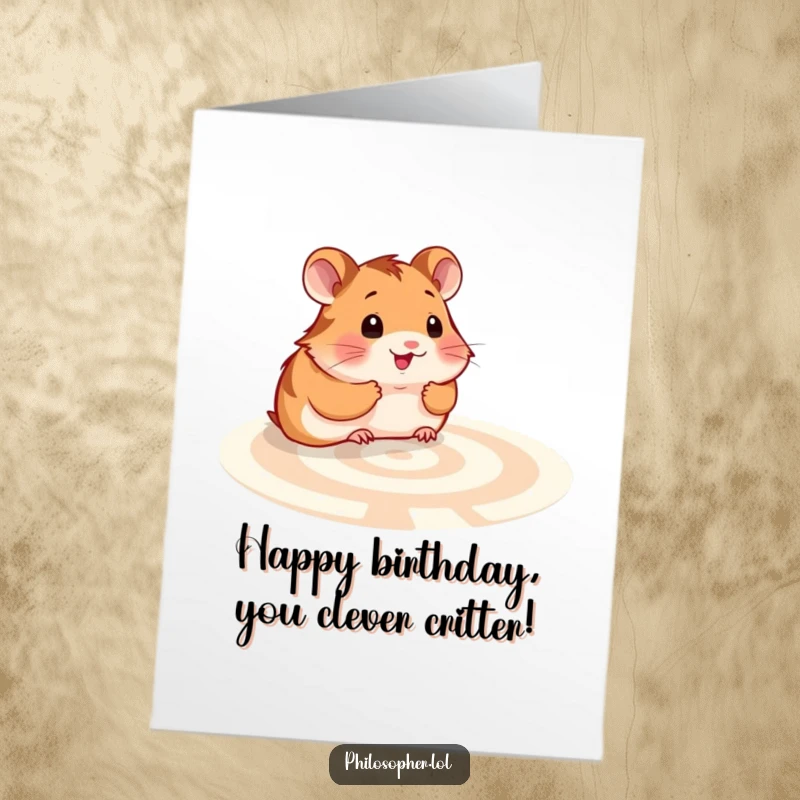 Funny Free Printable Birthday Card featuring a smiling hamster contemplating a maze, a fun birthday puzzle downloadable gift.