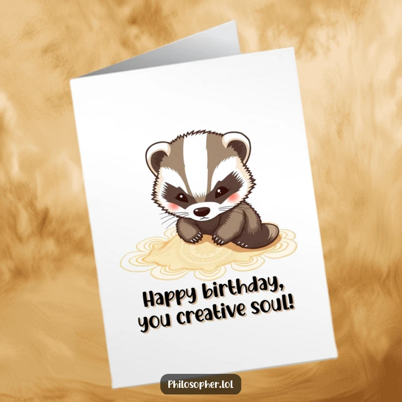 Funny Free Printable Birthday Card featuring a badger artistically sketching intricate patterns in the sand.