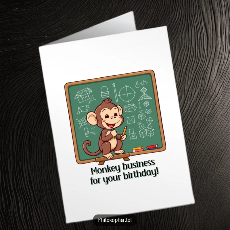 Funny Free Printable Birthday Card: A cheerful monkey sketching complex, genius diagrams on a chalkboard.