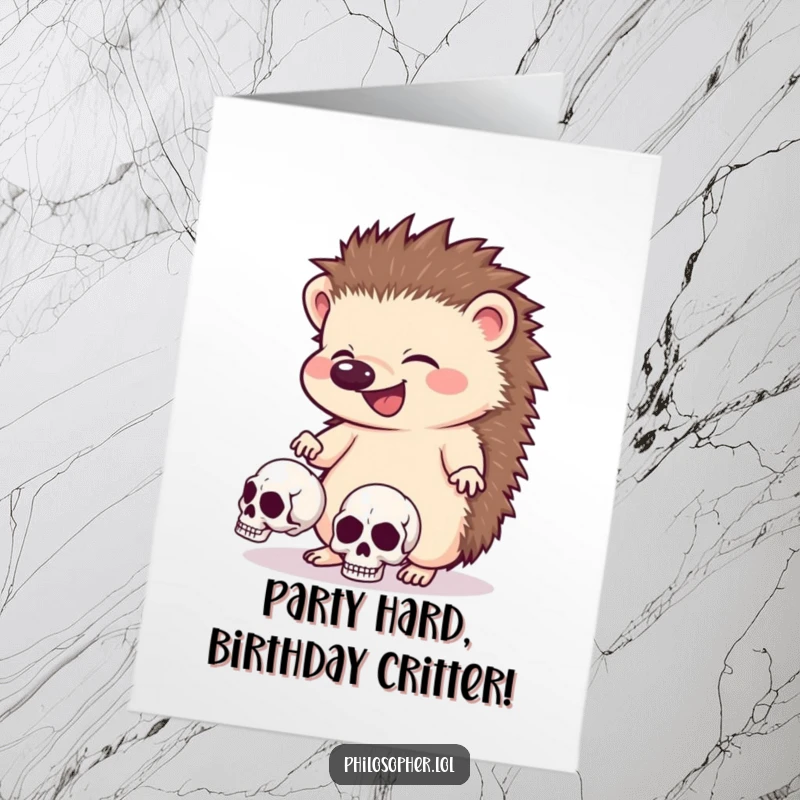Funny Free Printable Birthday Card: Giggling hedgehog comically juggling three tiny skulls, perfect for a dark humor birthday.