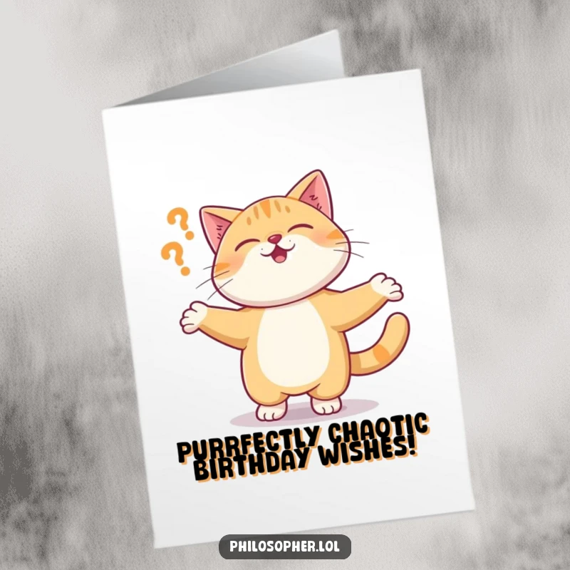 Funny Free Printable Birthday Card: A giggling cat spinning wildly, questioning the very fabric of existence on a birthday.