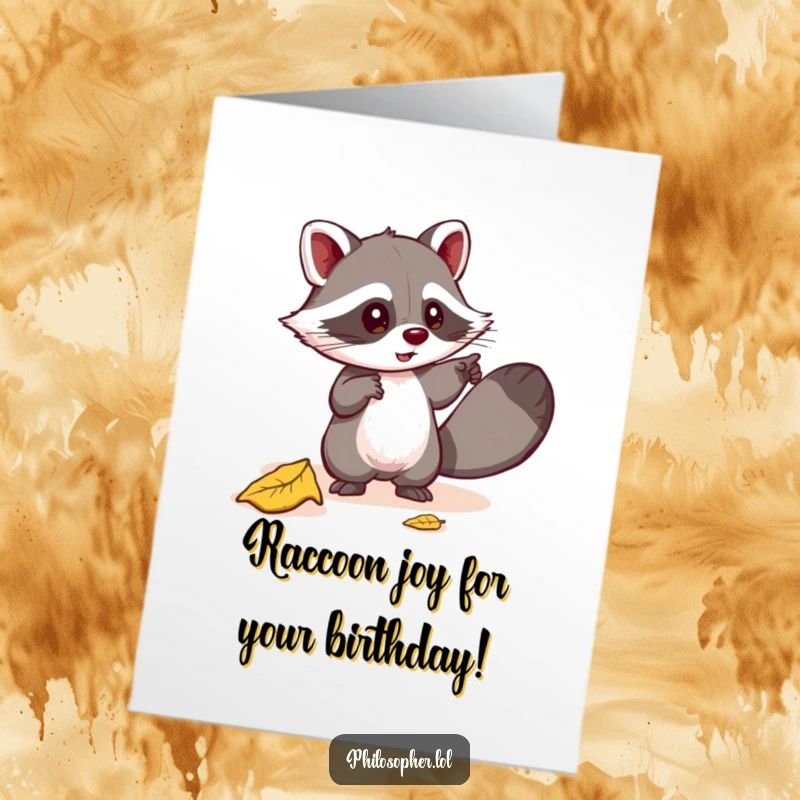 Funny Free Printable Birthday Card: Mischievous raccoon pointing excitedly at a fallen leaf, a curious and humorous DIY greeting.