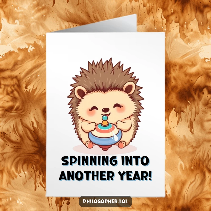 Funny Free Printable Hedgehog Birthday Card: A happy hedgehog contemplates a spinning top, perfect for birthday wishes.