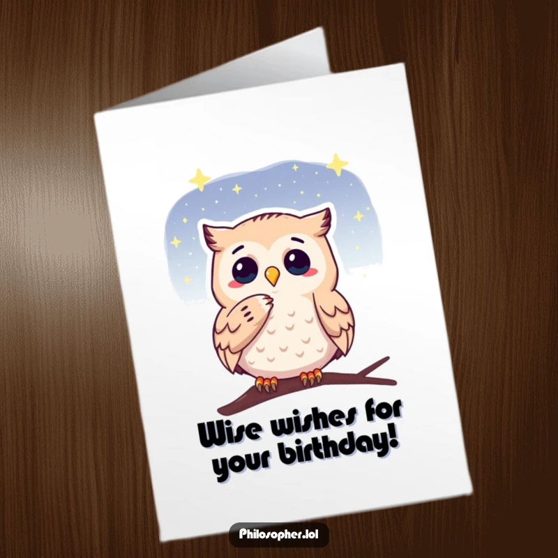 Funny Free Printable Birthday Card: A thoughtful owl strokes its chin while looking at a starry night sky.