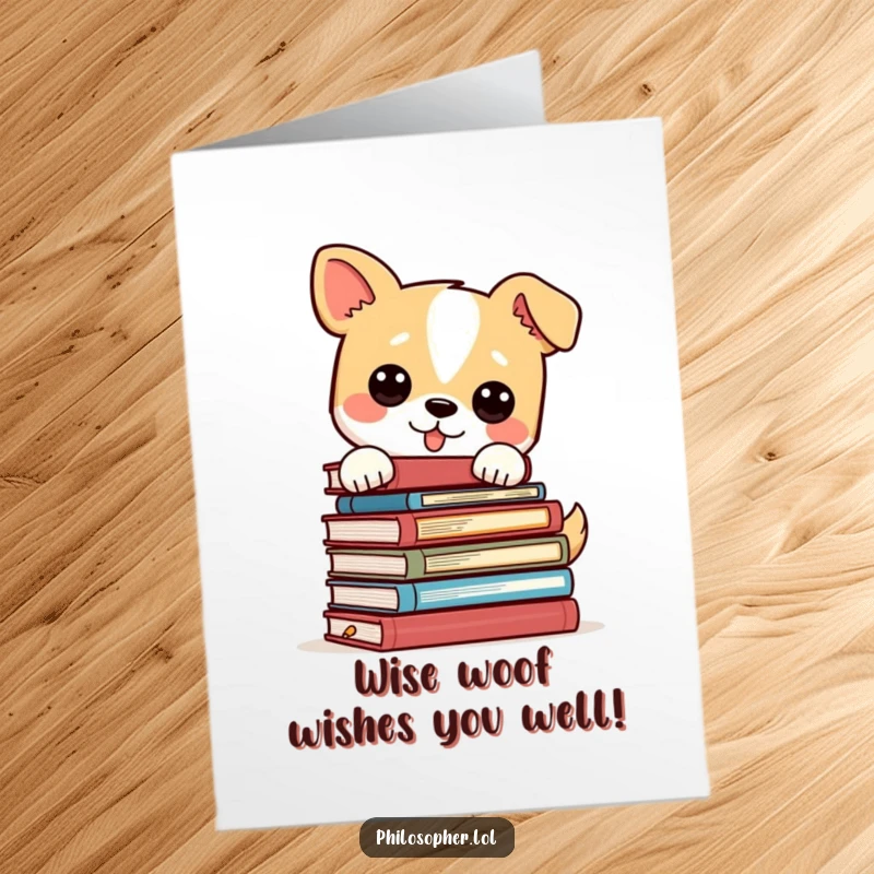 Funny Free Printable Birthday Card: A clever dog balances a precarious stack of philosophy books, looking thoughtful. Perfect gag gift.
