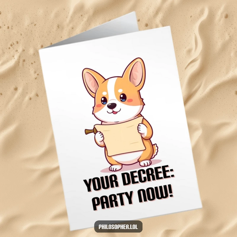 Funny Free Printable Birthday Card showing a determined corgi holding a tiny scroll, ready to deliver news.