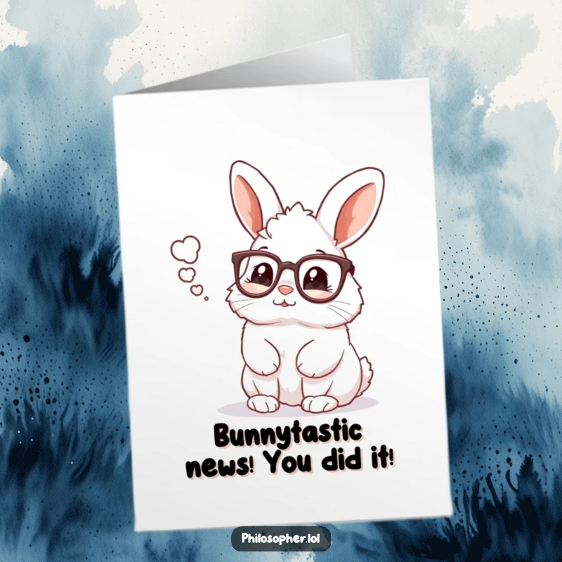 Funny Free Printable Congratulations Card: Rabbit in reading glasses ponders success, making it a unique gift. Downloadable art.