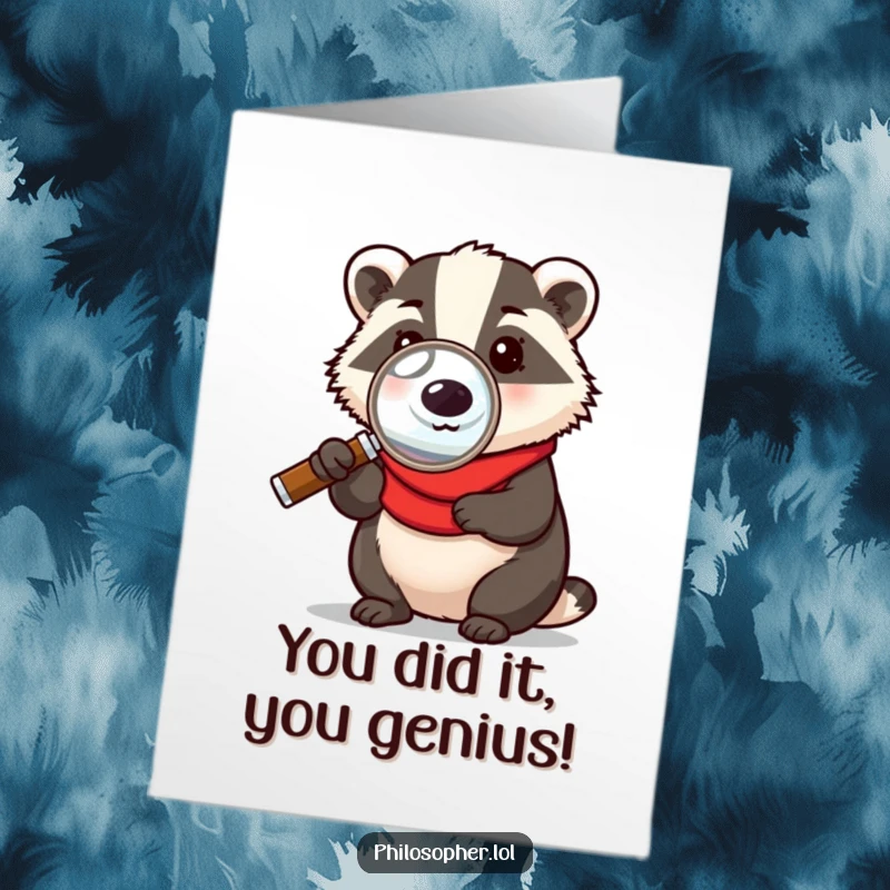 Funny Free Printable Congratulations Card showing a badger intensely focused with a magnifying glass, celebrating success.