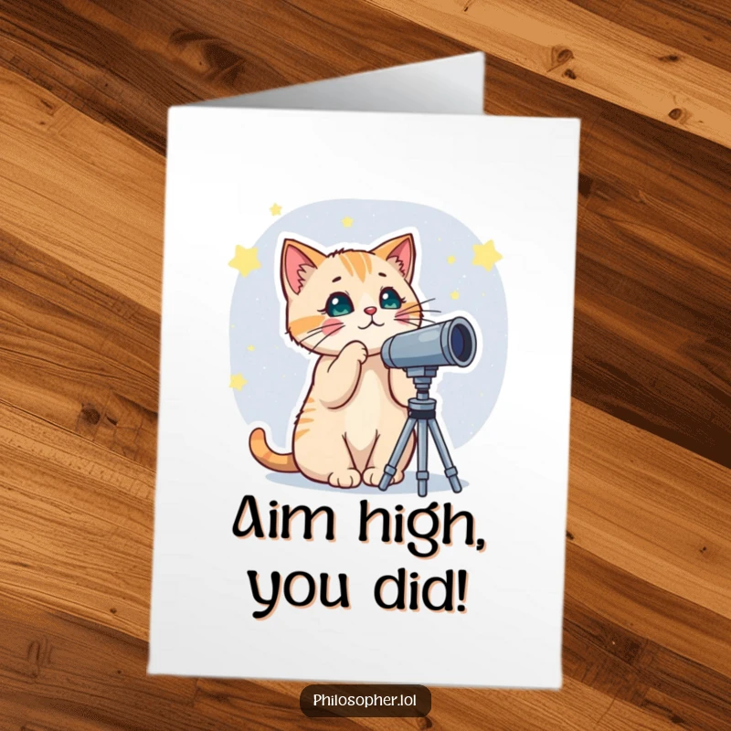 Funny free printable congratulations card of a curious cat looking through a telescope at a starry night sky.