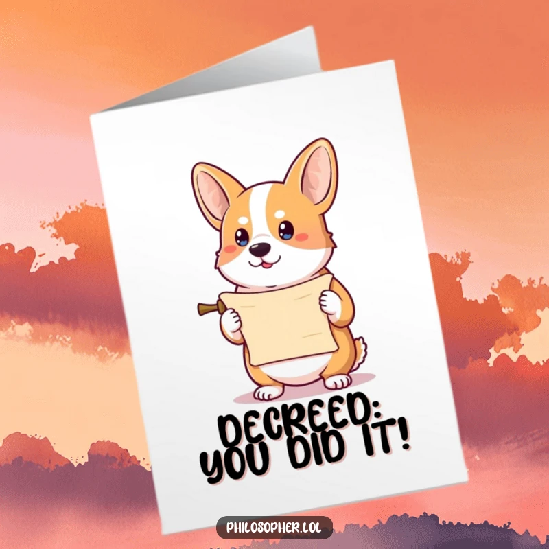 Funny Free Printable Congratulations Card: a determined corgi holds a tiny scroll announcing good news.
