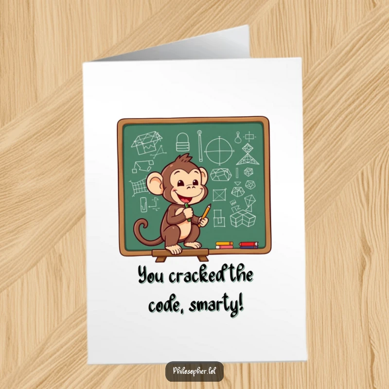 Free Printable Congratulations Card: A cheerful monkey sketching complex, bright diagrams on a chalkboard.
