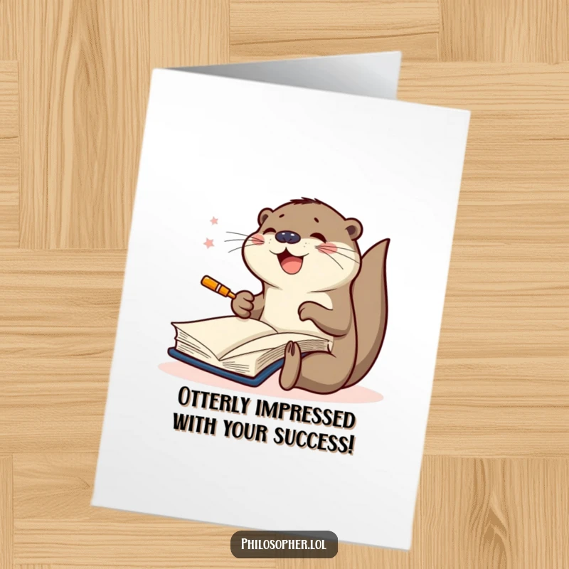 Funny Free Printable Congratulations Card: An otter energetically scribbling in a large book, signifying diligent effort and success.