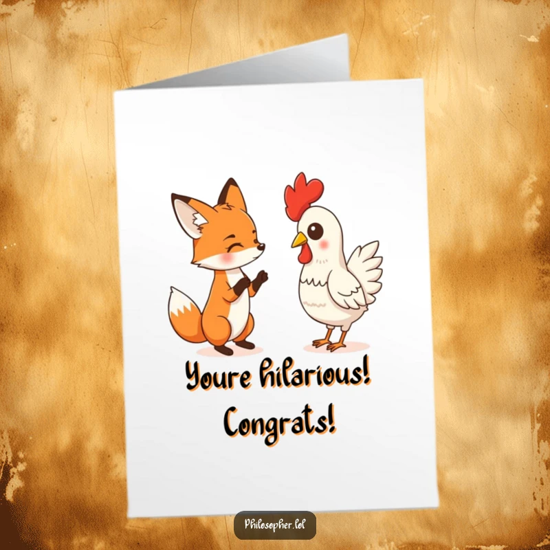Funny Free Printable Congratulations Card depicting a fox passionately arguing with a stoic rubber chicken about their win.