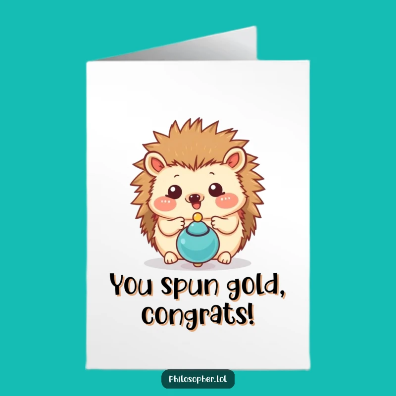 Free Printable Hedgehog Card: Funny Spinning Top Congrats Design Downloadable Gift