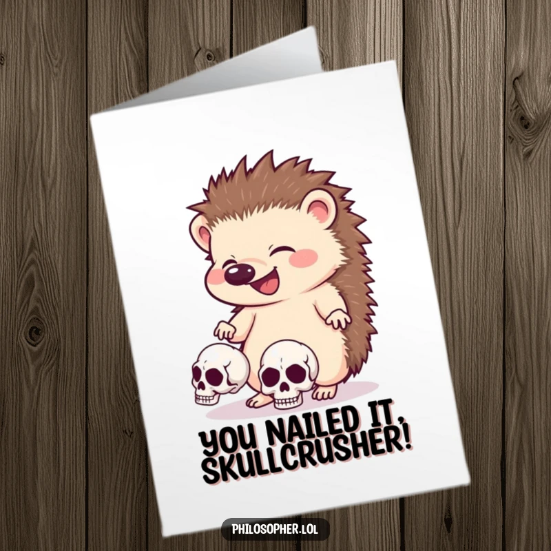 Funny Free Printable Congrats Card: Giggling hedgehog juggling tiny skulls, a quirky and unique way to congratulate someone.