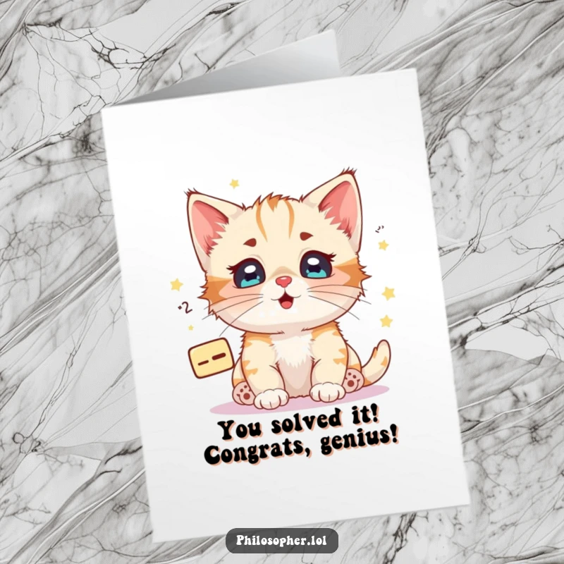 Funny free printable congratulations card of a kitten with starry eyes contemplating math equations. Celebrate intellectual wins.