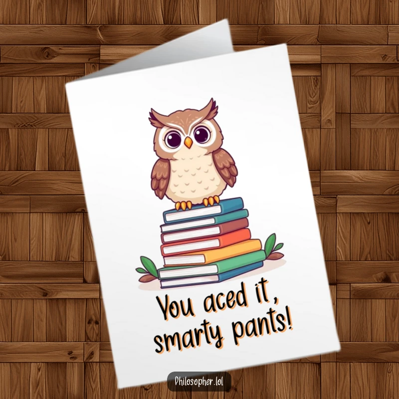 Funny Free Printable Owl Congratulations Card featuring a proud owl perched on books, great downloadable congrats.
