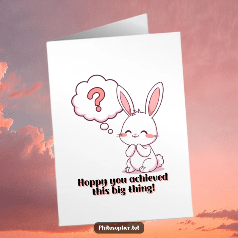 Funny free printable congratulations card showing a bunny pondering a giant question mark thought bubble. Ideal for thoughtful celebrations.