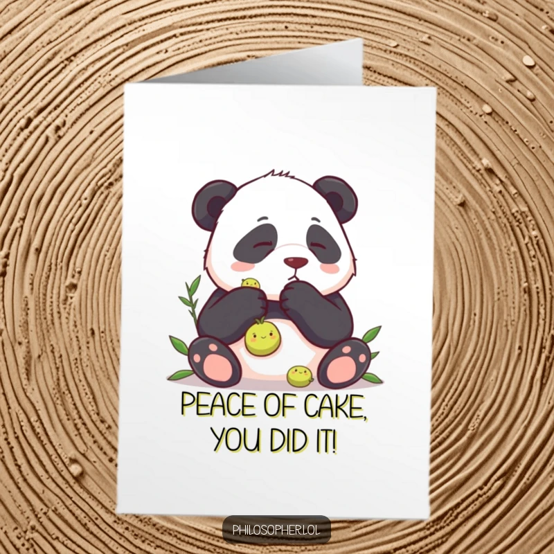Funny free printable congratulations card: a panda looking serious while examining a tiny green pea.